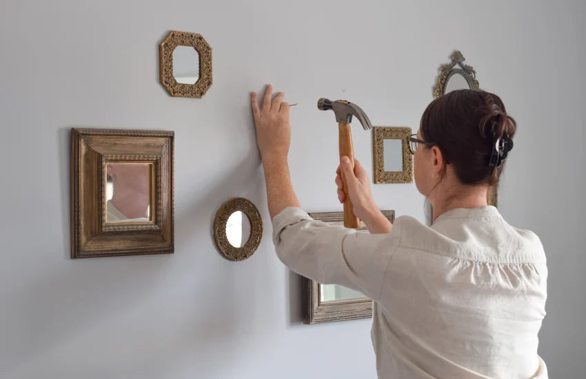 Une femme qui décorer un mur avec des cadres