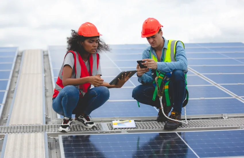 Un homme et une femme qui étudient des panneaux solaires