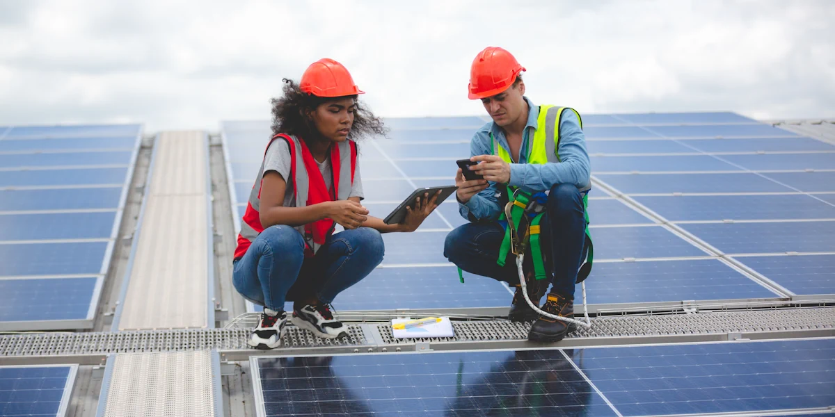 Un homme et une femme qui étudient des panneaux solaires
