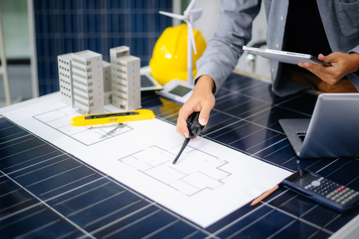 Un homme qui regarde un plan à côté d'une maquette d'immeuble et d'éolienne