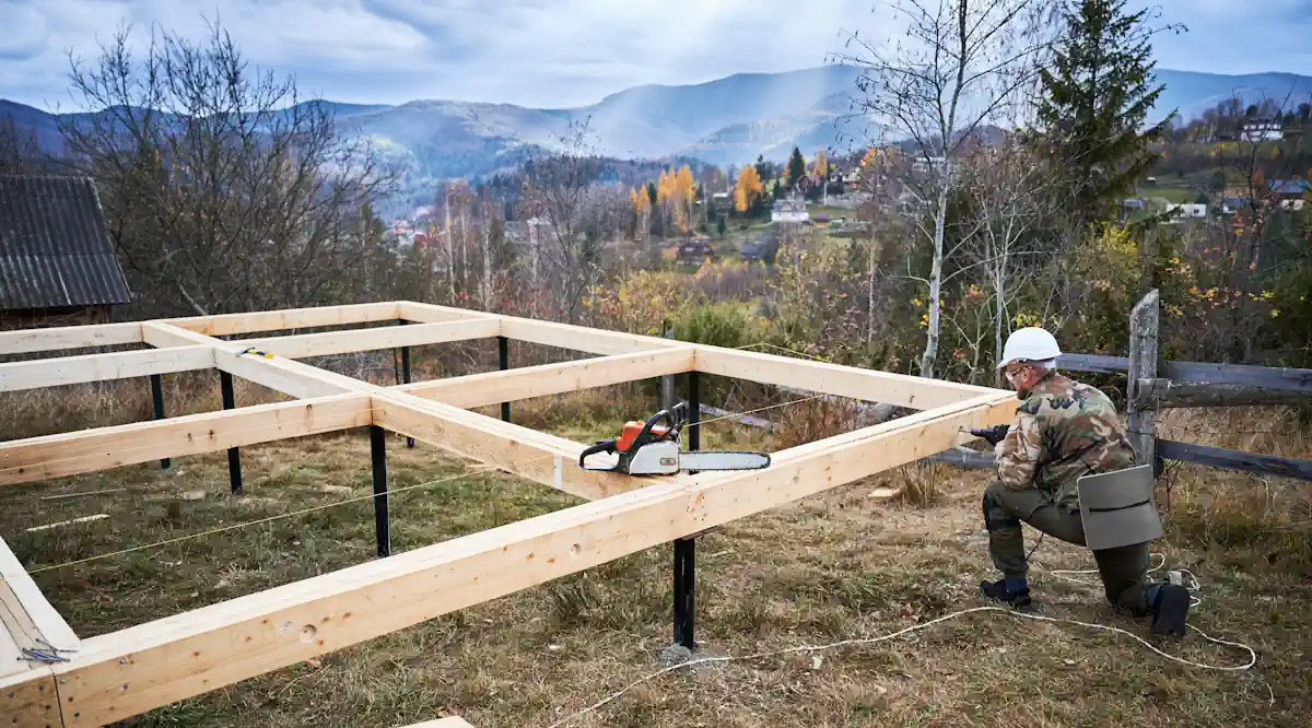 Un homme qui crée une structure en bois