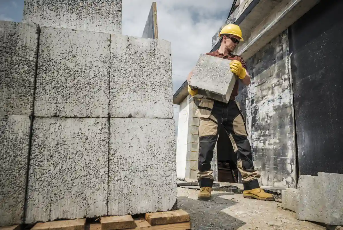 Un homme qui tient un bloc de béton