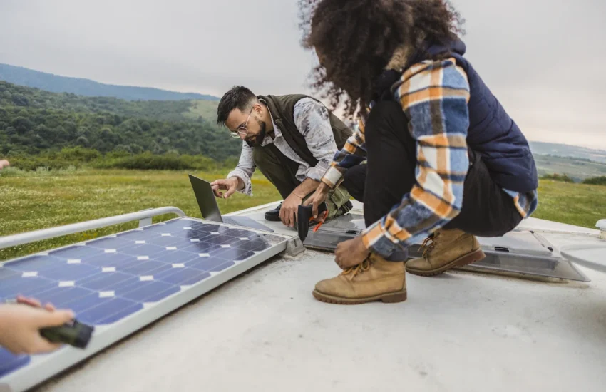 Un homme et une femme qui installer des panneaux solaires