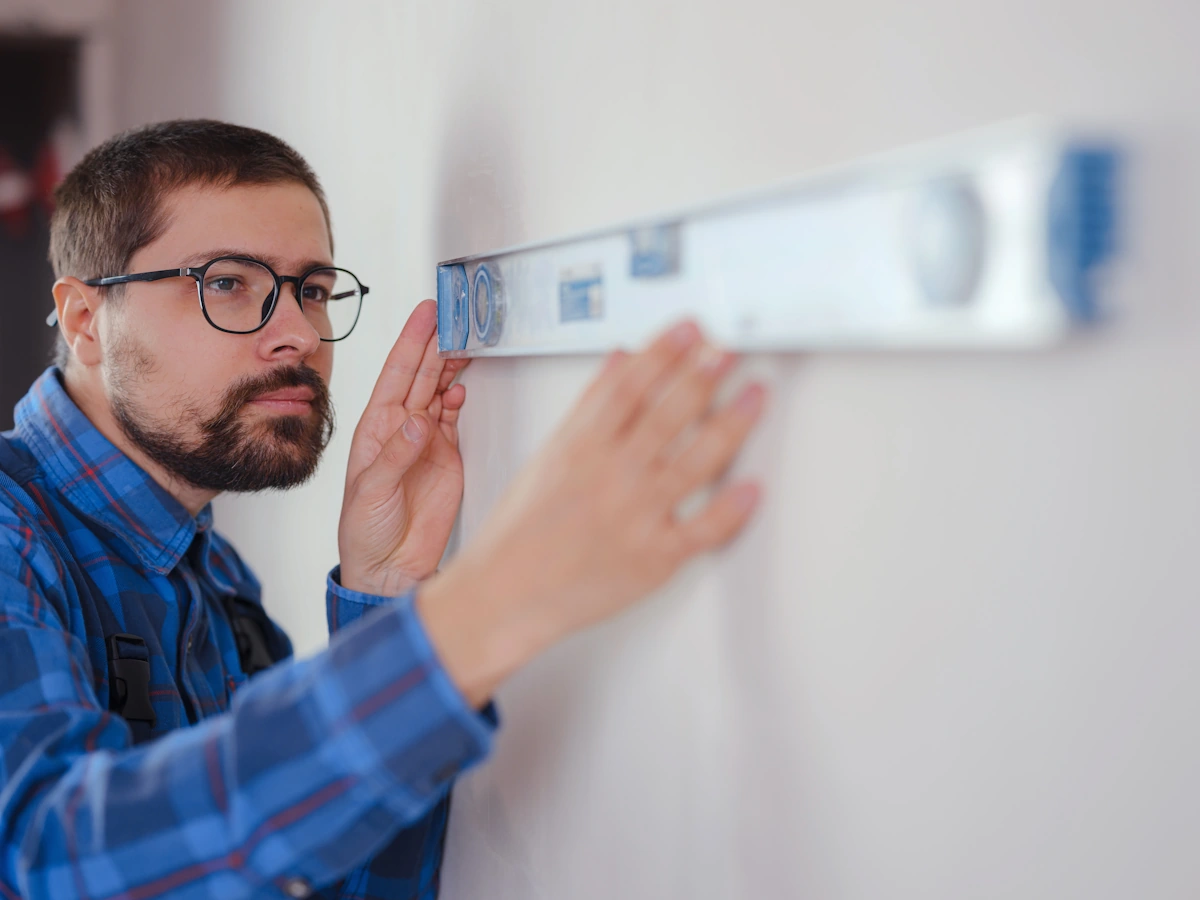 Un homme qui regarde un mur avec un niveau à bulles